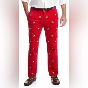 Beachcomber Bright Red Corduroy Holiday Pants Sz: 38UF  Embroidered Santas.